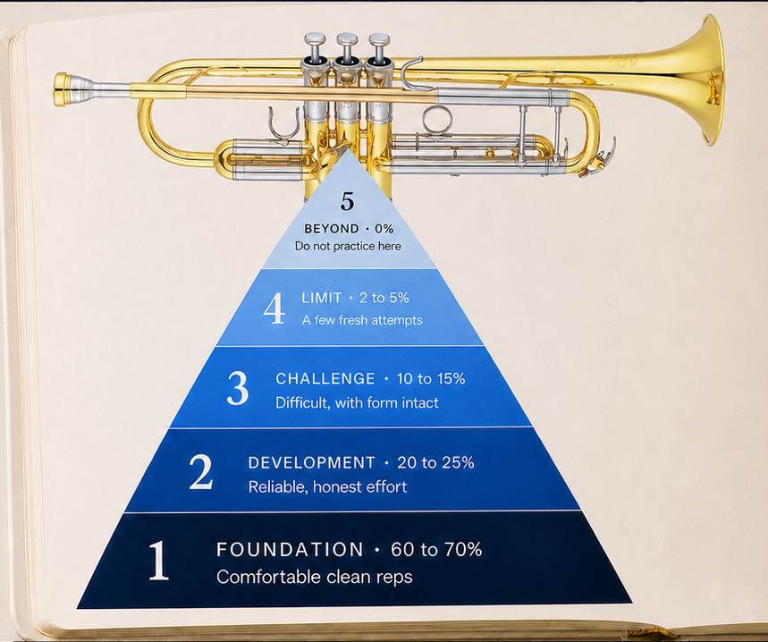 A correctly proportioned modern B-flat trumpet above the complete five-zone Range Pyramid